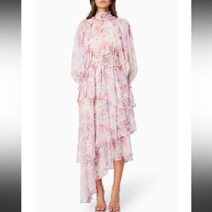 Elliatt Pink Floral Asymmetrical High-Neck Ruffled Midi Dress